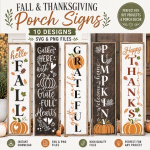 Puede incluir: Una colección digital de 10 diseños de letreros para porche de otoño y Acción de Gracias en formatos SVG y PNG. La imagen muestra cinco letreros verticales de madera con fondos blancos o marrón oscuro, decorados con calabazas, hojas y textos como hello FALL, GATHER HERE, GRATEFUL, PUMPKIN y Happy THANKSGIVING.