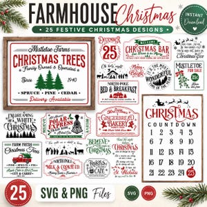 May include: A digital collection of 25 festive Christmas designs featuring various holiday-themed graphics, typography, and signs. The set includes illustrations of Christmas trees, a countdown calendar, Santa, reindeer, and text-based holiday quotes.
