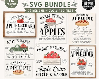 Äppelskylt SVG-paket, färska äpplen för gårdssvg-set, bondens marknad för äppelodlingskylt svg, färskpressad äppelsidor-svg, äppelpaj-svg-fil