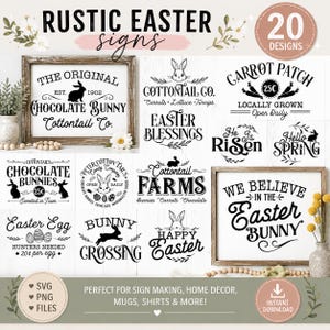 Op de afbeelding: Een digitale collectie van 20 zwart-witte paasontwerpen met konijnen, wortels en teksten zoals The Original Chocolate Bunny, Carrot Patch, Easter Blessings, He Is Risen, Hello Spring en We Believe In The Easter Bunny.