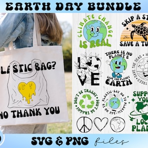 以下が含まれることがあります： 地球の日をテーマにした15個のSVGとPNGデジタルファイルのセット。デザインには、「気候変動は現実だ」、「地球を救おう」、「あなたの地元の惑星を支援しよう」、「ビニール袋？いいえ、ありがとう」など、さまざまな環境に優しいメッセージが盛り込まれています。