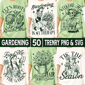 Puede incluir: Seis camisetas con dise&ntilde;os tem&aacute;ticos de jardiner&iacute;a. Los dise&ntilde;os incluyen verduras, una mujer con una carretilla, un esqueleto con sombrero, una mujer con herramientas de jardiner&iacute;a, una regadera con flores y plantas en macetas. El texto incluye "Let's Roots For Each Other", "Gardening Is My Therapy", "Weekend Hoe", "Find Me In The Garden", "Garden Hair Don't Care" y "Tis The Season".