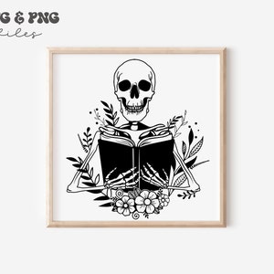 May include: A black and white digital illustration featuring a human skeleton reading an open book. The skeleton is surrounded by botanical elements including leaves and flowers at the base. The text SVG & PNG files is visible at the top.