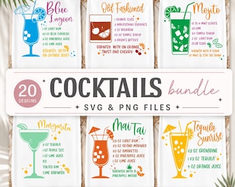 May include: A digital collection of 20 cocktail recipe designs featuring illustrations of drinks like Blue Lagoon, Old Fashioned, Mojito, Margarita, Mai Tai, and Tequila Sunrise with ingredient lists and garnish instructions in SVG and PNG file formats.