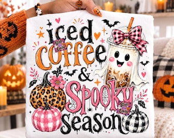 Iced Coffee & Spooky Season PNG, Preppy Ghost Coffee, Coquette Halloween
