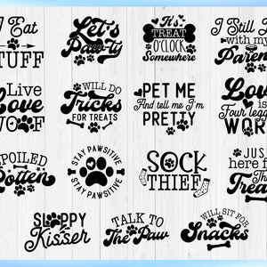 Puede incluir: Una colecci&oacute;n de dise&ntilde;os de texto en blanco y negro con tem&aacute;tica de perros. Las frases incluyen "I Eat Stuff", "Let's Paw-ty", "Love Woof" y "Will Do Tricks For Treats". Se utilizan huellas de patas y huesos como elementos decorativos.