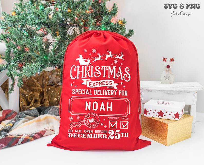 May include: A bright red drawstring gift sack featuring white printed text that reads Christmas Express Special Delivery For Noah, along with a graphic of Santa in a sleigh with reindeer, a North Pole stamp, and the text Do Not Open Before December 25th.