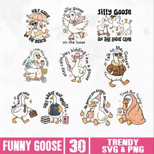 Peut inclure: Plusieurs illustrations fantaisistes de dessins anim&eacute;s d'oies dans diverses situations. Chaque oie est repr&eacute;sent&eacute;e avec des accessoires uniques et des phrases telles que "Silly Goose", "On the Beach" et "Talk to Me, Goose". L'image comprend &eacute;galement le texte "Funny Goose 30" et "Trendy SVG & PNG".