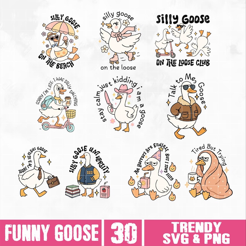 Peut inclure: Plusieurs illustrations fantaisistes de dessins anim&eacute;s d'oies dans diverses situations. Chaque oie est repr&eacute;sent&eacute;e avec des accessoires uniques et des phrases telles que "Silly Goose", "On the Beach" et "Talk to Me, Goose". L'image comprend &eacute;galement le texte "Funny Goose 30" et "Trendy SVG & PNG".