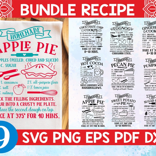 Bundle Recipe svg,Farmhouse Kitchen svg,Bundle Recipe cut file,Chocolate Chip Cookie svg,Gingerbread Cookie svg,Apple Pie svg