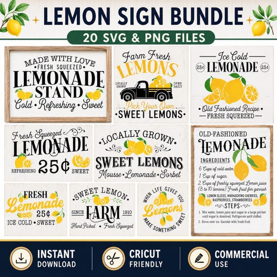 Lemon Sign SVG Bundle, Lemonade Stand Sign Svg, Fresh Lemons Svg