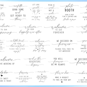 May include: A set of 16 printable wedding signs with black calligraphy text on a white background. The signs include phrases like "In loving memory", "Welcome to our beginning", "Let love sparkle", "Pick a seat not a side", "Photo booth", "Love is sweet", "Welcome to our happily ever after", "Welcome to our forever", "We decided on forever", "Open bar", "Welcome to our wedding", "A little treat for your dancing feet", "Advice and wishes for the new Mr. & Mrs", "And so the adventure begins", "You will forever be my always", "We decided on forever", "Candy bar, love is sweet, please take a treat", "Favors, please take one, thank you for celebrating with us on this special day", "Mimosas bar, pour the bubbly, splash some juice, top with fruit, cheers!", "Flower bar, make a bouquet to take on your way", "Cookie bar, a sweet ending to a new beginning", and "Welcome to our unplugged ceremony, please turn off all phones, cameras, and any other devices, thank you".