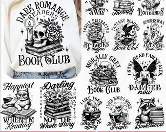 May include: A collection of 28 book lover themed SVG and PNG designs. The designs feature various book-related quotes and illustrations, including a skull with flowers, a raccoon reading a book, and a cat with glasses. The text "Book Lover 28 Trendy SVG & PNG" is at the bottom of the image.