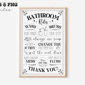 Puede incluir: Un cartel de reglas de baño en blanco y negro con ilustraciones. El cartel dice "Reglas del baño" y enumera reglas como "Lávate las manos", "Cepíllate los dientes", "Usa siempre jabón", "Cambia el rollo de papel higiénico", "Baja la tapa del inodoro", "Siempre limpia tu desorden", "Apaga la luz" y "No olvides tirar de la cadena". El cartel termina con "¡Gracias!"