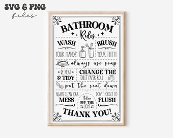 May include: Black and white bathroom rules sign with illustrations. The sign says "Bathroom Rules" and lists rules such as "Wash your hands", "Brush your teeth", "Always use soap", "Change the toilet paper roll", "Put the seat down", "Always clean your mess", "Turn off the light", and "Don't forget to flush". The sign ends with "Thank you!"