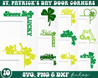 May include: Ten digital cut files for St. Patrick's Day door corners. The designs include shamrocks, horseshoes, rainbows, leprechauns, trucks, and the text "Happy St. Lucky" and "Hello Lucky".