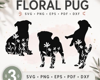 Floral Pug svg,Pug dog svg,Pug wildlflower svg,Pug with flower svg,Pug silhouettes
