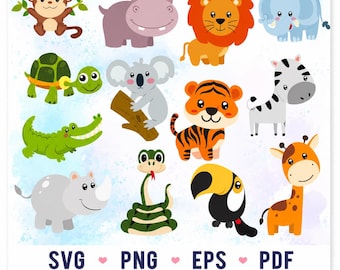 Puede incluir: Una colección de ilustraciones de animales de dibujos animados que incluye un mono, hipopótamo, león, elefante, tortuga, koala, cocodrilo, tigre, cebra, rinoceronte, serpiente, tucán y jirafa. El texto SVG, PNG, EPS, PDF y COMMERCIAL USE está abajo.