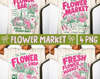 Flower Market PNG Bundle, Coquette Preppy Floral Shop Farmers Market Fresh Cut Flowers Cottagecore Bloom Bar Pink Bow Garden Girl