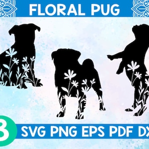 Floral Pug svg, Pug hond svg, Pug wildlflower svg, Pug met bloem svg, Pug silhouetten