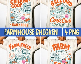 Farmhouse Chicken PNG Bundle, Chicken Coop Farm Fresh Eggs Backyard Coop Club Retro Country Hen Funny Farm Girl Cottagecore PNG