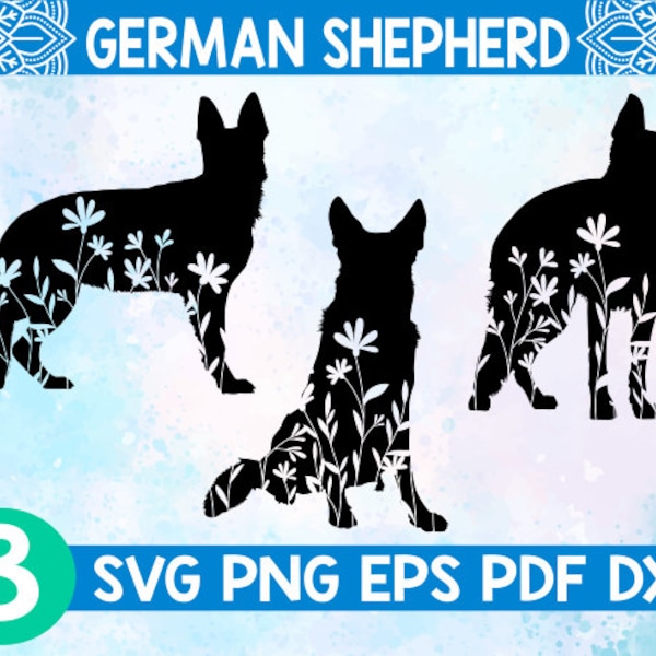 Floral German shepherd svg,German shepherd dog svg,German shepherd wildlflower,German shepherd with flower svg,German shepherd silhouettes