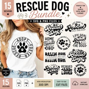 Könnte beinhalten: Ein digitales Design-Paket mit 15 schwarz-weißen Grafiken, die Hundemotive, Schriftzüge und Pfotenabdrücke enthalten. Die Sammlung umfasst Phrasen wie Rescue Dog, Adopt Foster und Rescued and Loved in den Dateiformaten SVG und PNG.
