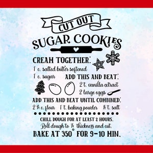 May include: A printable recipe card for sugar cookies with a blue watercolor background and black text. The recipe includes instructions for creaming together butter and sugar, adding vanilla extract and eggs, and then combining flour, baking powder, and salt. The recipe also includes instructions for chilling the dough, rolling it out, and baking it at 350 degrees Fahrenheit for 9-10 minutes.