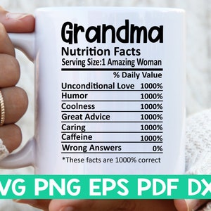 Fatos nutricionais da vovó svg, Fatos nutricionais da vovó svg, Camisa da vovó svg, Presente para a vovó svg, Arquivo de corte da vovó svg, Arquivo svg da caneca