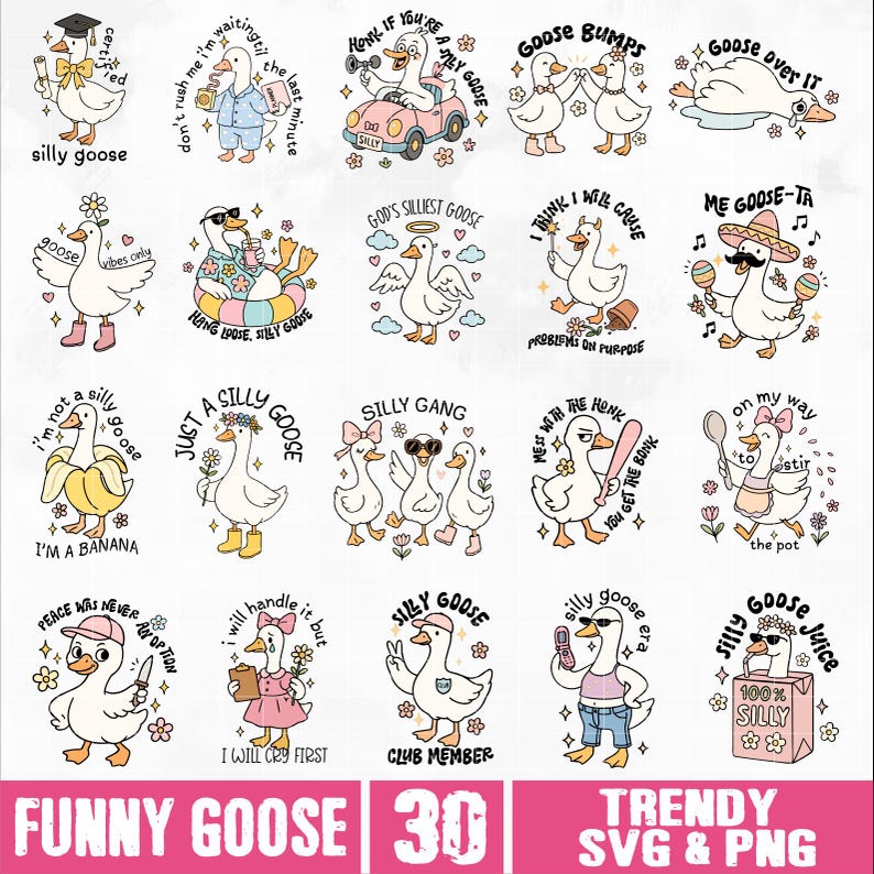 Peut inclure: Une collection de 20 illustrations de dessins anim&eacute;s d'oies avec divers motifs et textes. Les oies sont repr&eacute;sent&eacute;es dans diff&eacute;rentes poses et tenues, avec des phrases comme "Silly Goose" et "Goose Juice". L'image comprend &eacute;galement le texte "Funny Goose 30" et "Trendy SVG & PNG".