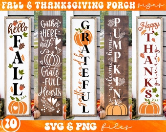 May include: Set of five fall and Thanksgiving porch signs with a rustic wood background. The signs feature various fall and Thanksgiving-themed words and images, including pumpkins, leaves, and hearts. The signs are perfect for decorating your home for the fall season.
