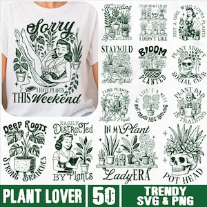 Paquete SVG PNG para amantes de las plantas, esqueleto retro divertido de mamá de plantas, camiseta de jardinería estética con plantas de interior, sublimación de plantas bohemias