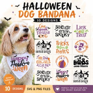 Könnte beinhalten: Eine digitale Sammlung von 10 Halloween-Hundebandana-Designs in SVG- und PNG-Formaten. Die Grafiken enthalten Text und Illustrationen wie Geister, Fledermäuse, Spinnennetze, Kürbisse und Hunde mit Hexenhüten sowie Sprüche wie Hocus Dogus.