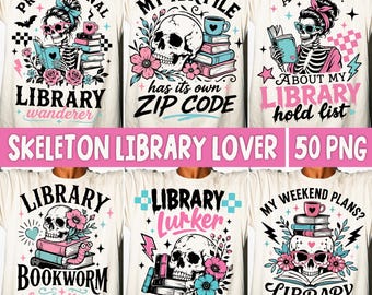 Library Lover Skeleton PNG, Bookworm Reader Humor Reading Club Skull Sublimation