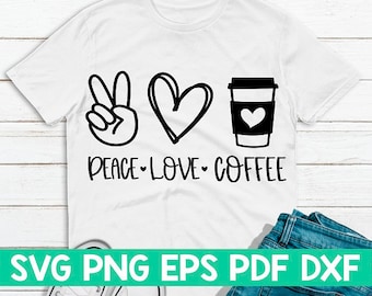 May include: A white t-shirt with a black peace sign, heart, and coffee cup graphic. The text "Peace Love Coffee" is written below the graphic.