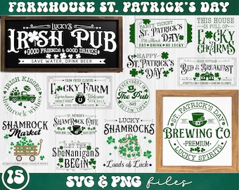 May include: A collection of 10 farmhouse style SVG and PNG files featuring St. Patrick's Day themed designs. The designs include Irish pubs, shamrocks, leprechauns, and more.