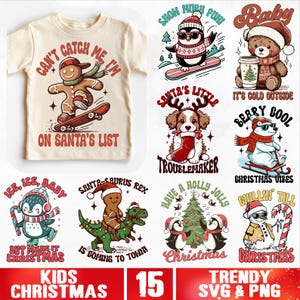 Retro kinderen kerst SVG-bundel, trendy kerst peuter svg, grappige kinderen kerst svg, schattig peperkoek karakter svg, dinosaurussen Xmas svg