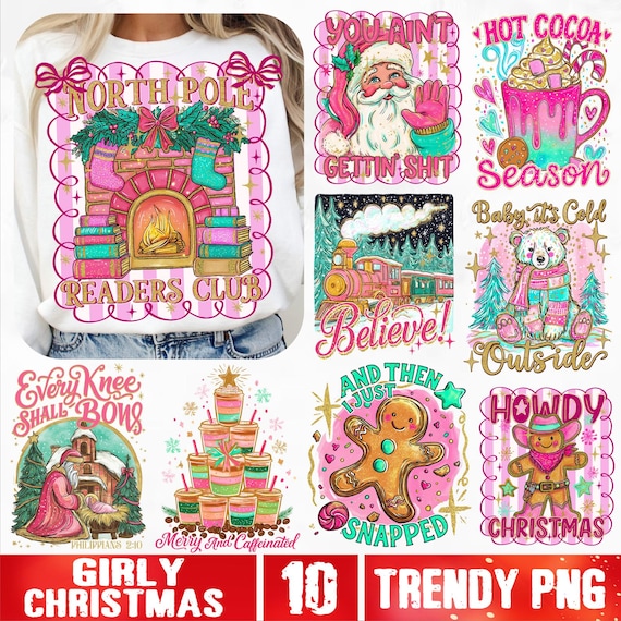 Girly Christmas PNG Bundle, Trendy Pink Coquette Christmas png, Funny Holiday Aesthetic Sublimation, Cute Retro Festive Xmas png