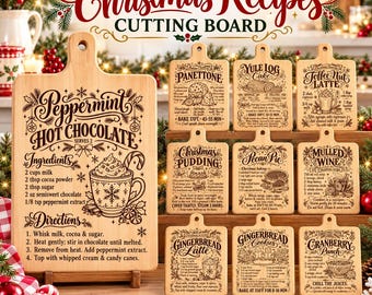 Christmas Recipes Cutting Board SVG, Vintage Holiday Baking, Laser Engraving PNG DXF