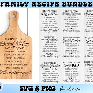 Pacchetto SVG di ricette per famiglie, tagliere in formato SVG, ricetta per amore in formato SVG, ricetta per un matrimonio felice in formato SVG, ricetta per un insegnante in formato SVG