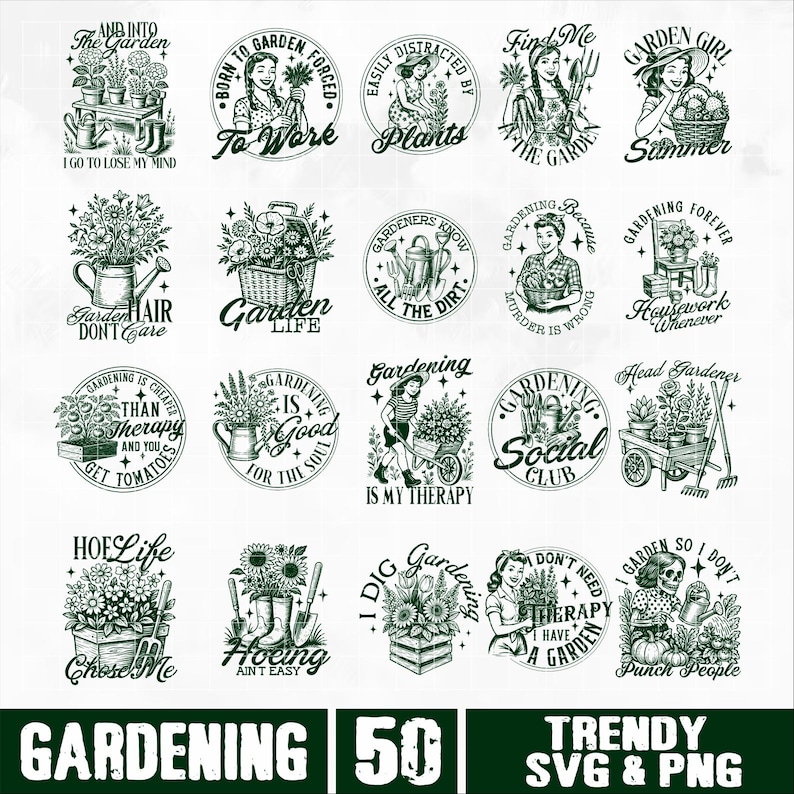 Puede incluir: Una colecci&oacute;n de 20 dise&ntilde;os en blanco y negro con tem&aacute;tica de jardiner&iacute;a. Cada dise&ntilde;o presenta ilustraciones de herramientas de jardiner&iacute;a, flores y personas, junto con frases como "Garden Life" y "Hoe Life". La parte inferior de la imagen dice "Gardening 50" y "Trendy SVG & PNG".