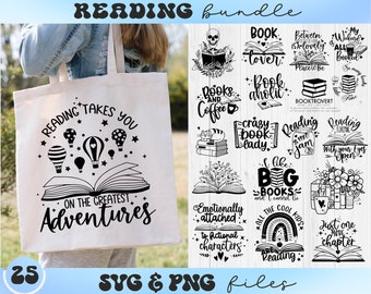 May include: A set of 25 black and white SVG and PNG files featuring reading-themed quotes and illustrations. The designs include phrases like "Reading Takes You on the Greatest Adventures", "Book Lover", "Books and Coffee", and "Crazy Book Lady".
