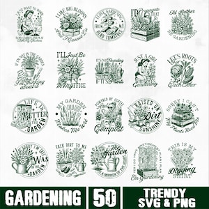 Puede incluir: Una colecci&oacute;n de 20 dise&ntilde;os SVG y PNG en blanco y negro con tem&aacute;tica de jardiner&iacute;a. Cada dise&ntilde;o presenta ilustraciones bot&aacute;nicas y texto, incluyendo frases como "Me encanta la jardiner&iacute;a" y "Criado en tierra y sol".