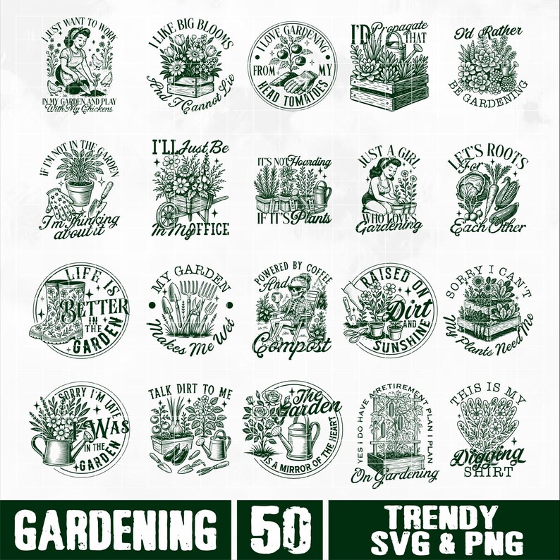 Puede incluir: Una colecci&oacute;n de 20 dise&ntilde;os SVG y PNG en blanco y negro con tem&aacute;tica de jardiner&iacute;a. Cada dise&ntilde;o presenta ilustraciones bot&aacute;nicas y texto, incluyendo frases como "Me encanta la jardiner&iacute;a" y "Criado en tierra y sol".
