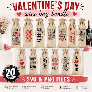 May include: A collection of thirteen beige burlap wine bags featuring various Valentine's Day themed graphics and text in black and red ink. The designs include phrases like I love you more than wine, Love, Cheers to us, and Wine is my Valentine.