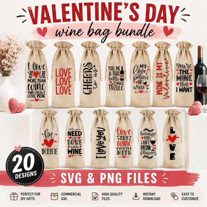 May include: A collection of thirteen beige burlap wine bags featuring various Valentine's Day themed graphics and text in black and red ink. The designs include phrases like I love you more than wine, Love, Cheers to us, and Wine is my Valentine.