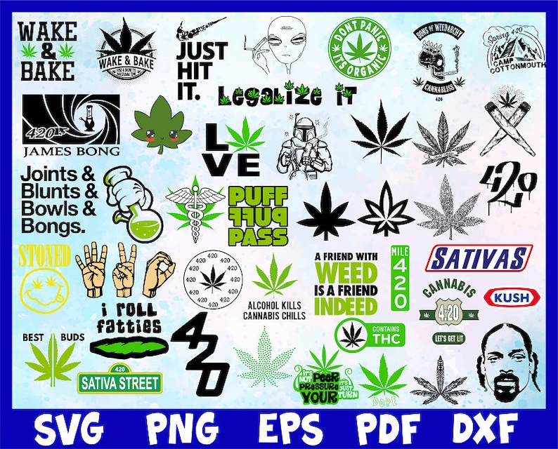 Puede incluir: Una colecci&oacute;n de gr&aacute;ficos y dise&ntilde;os de texto con tem&aacute;tica de cannabis. Incluye frases como "Wake & Bake", "Just Hit It" y "Legalize It". Presenta hojas de cannabis, ilustraciones de Boba Fett y Snoop Dogg, junto con etiquetas de tipo de archivo.