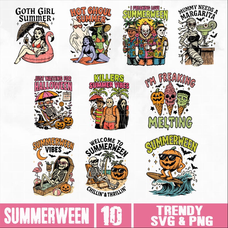 May include: A collection of ten colorful Summerween-themed graphic designs. The designs feature spooky characters like mummies, skeletons, and monsters enjoying summer activities. Text includes "Goth Girl Summer", "Hot Ghoul Summer", and "Mummy Needs a Margarita".