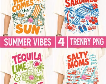 Summer Vibes PNG Bundle, Sassy Coastal Beach Here Comes The Sun Sardines Tequila Lime Salty Moms Club Trendy Vacation Aesthetic