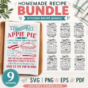 May include: A white kitchen towel featuring a red and teal apple pie recipe print, displayed next to a grid of nine black and white recipe cards for various baked goods, including chocolate chip cookies, eggnog, and pumpkin pie, in a digital bundle.